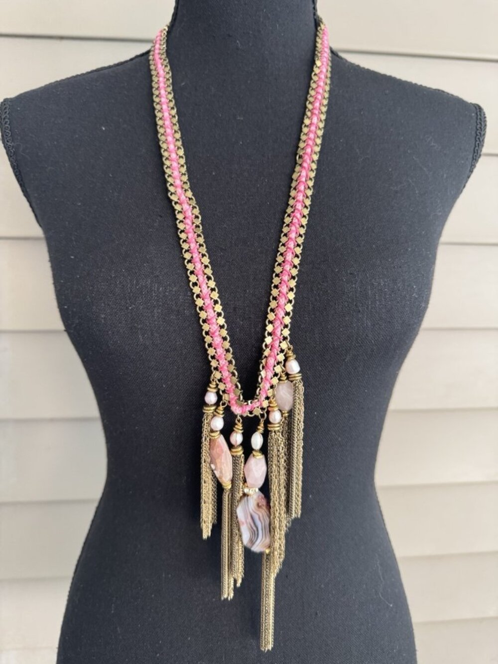 Nordstrom Sequin Pink GoldTone Chunky Stones Beads Tassels Necklace 29" $125 NEW